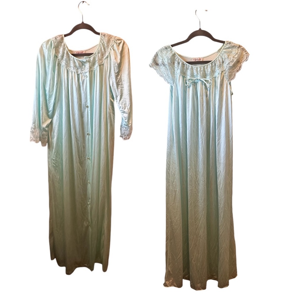 Vintage Aqua Blue Peignoir Set M Nylon NIGHTGOWN Gown ROBE Gilead USA Made